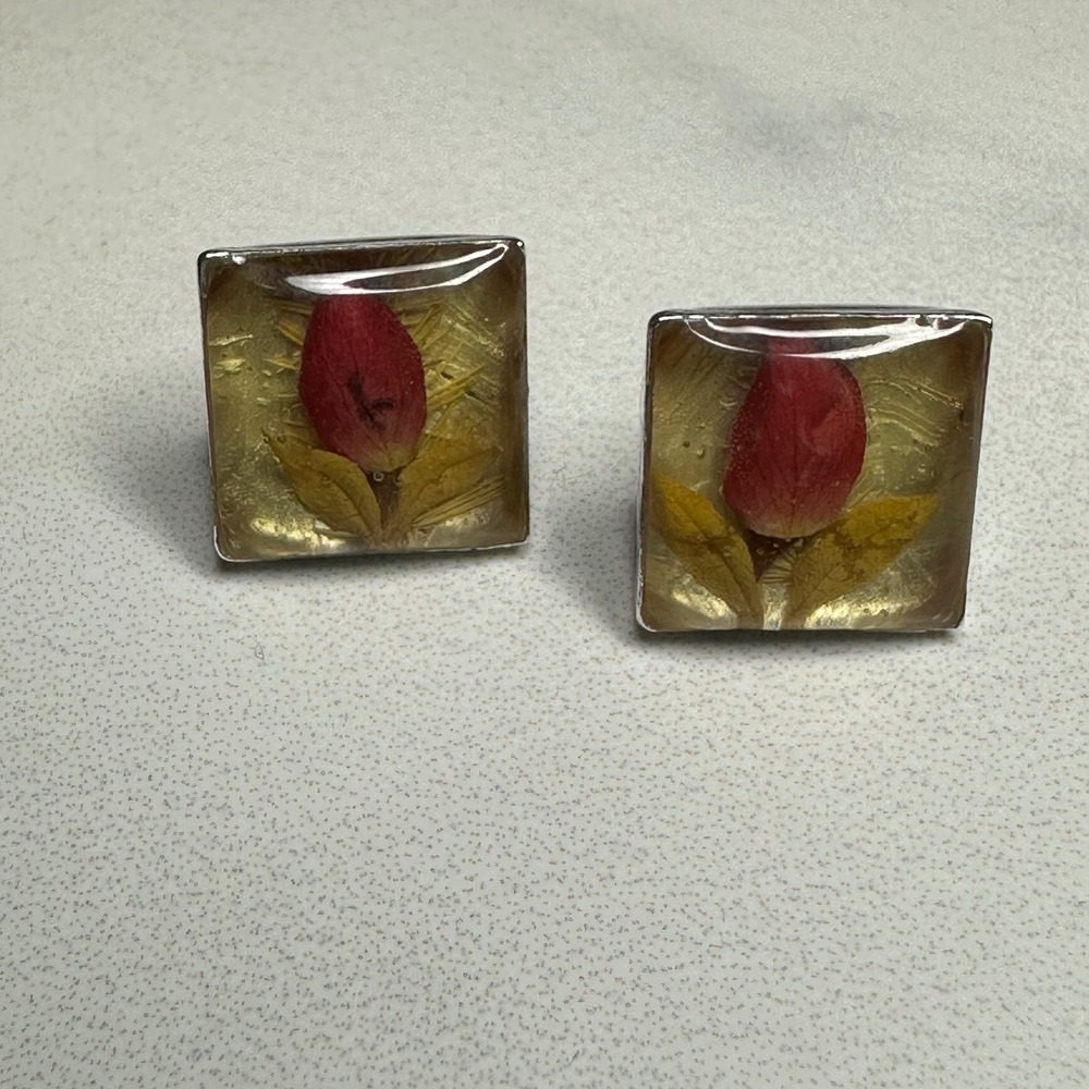 Y2K 925‎ Sterling Silver Real Flower Stud Earrings Unique Resin Jewelry